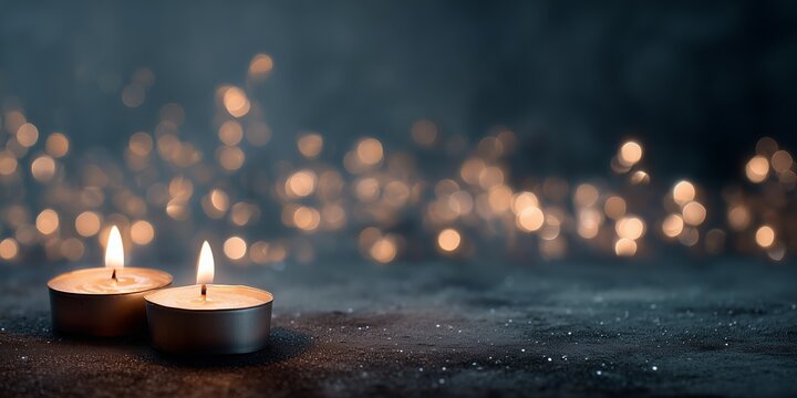 Three lit tealight candles in metal tins on dark wooden surface against warm golden bokeh light background. Intimate cozy holiday ambiance, serene flickering glow vibe.