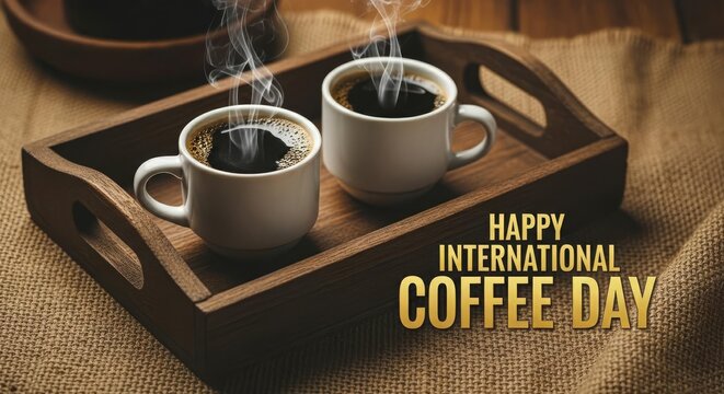 Happy International Coffee Day with Steaming Hot Coffee Mugs - Powered by Adobe
