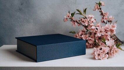 Dark-blue photo album sits on a white surface, beside a branch of pink blossoms against a gray-toned backdrop