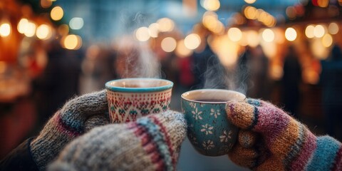 Two hands in knitted mittens holding mugs of hot cocoa with festive patterns, steam rising in front of blurred Christmas market lights. Warmth and comfort in a holiday crowd.