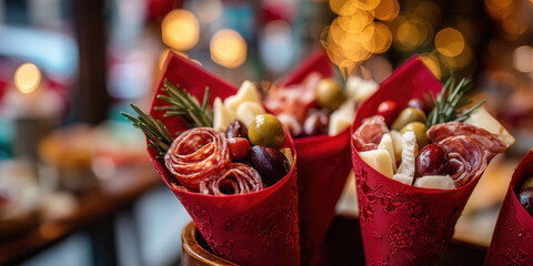 Gourmet charcuterie cones filled with assorted cheeses, olives, cured meats and rosemary sprigs, wrapped in elegant red paper, served at a holiday market.