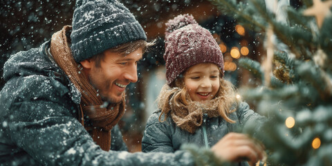 Smiling father carries a fresh Christmas tree while his child hugs him from behind in falling snow. A joyful winter moment of bonding and holiday preparation.