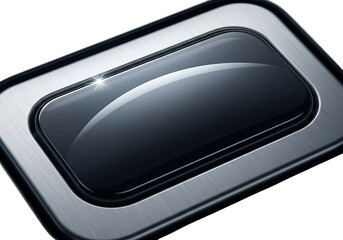 Shiny Black Button with Brushed Metal Bezel on a Dark Background