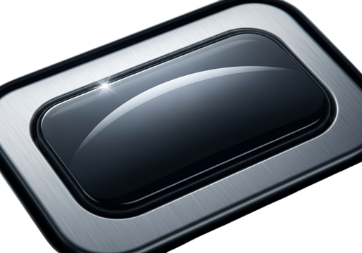 Shiny Black Button with Brushed Metal Bezel on a Dark Background