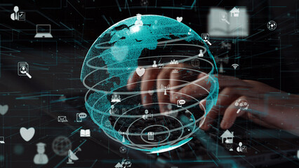 A conceptual representation of global connectivity featuring a stylized Earth and various communication icons, illustrating modern digital interaction and technology integration. Xenic