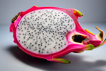 Realistic photo of dragon fruit slice highlighting seeds and textures for teaching plant biology, nutrition, and climate-smart agriculture in youth education programs
