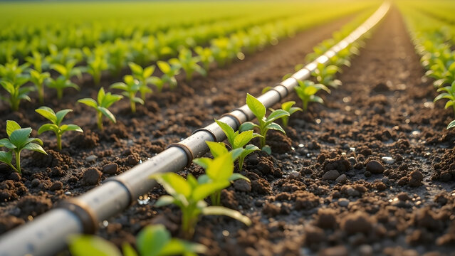 Drip irrigation system in crop field rows, precision agriculture, farming, water conservation, growth