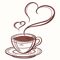 Coffee cup with heart shaped steam in line art