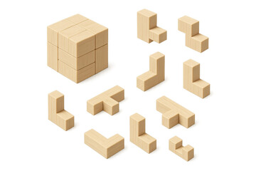 Wood puzzle blocks forming a cube, showing problem-solving, logic, and challenge in educational games