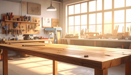 Bright and spacious woodworking workshop with sunlight streaming through large windows, featuring a prominent wooden workbench in the foreground and tools organized on the wall.