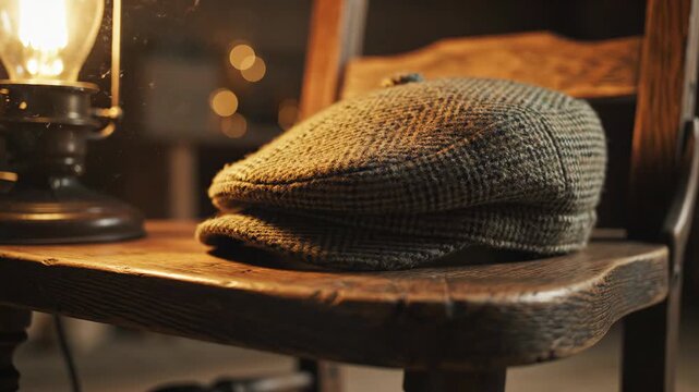 A herringbone tweed cap rests on a wooden chair next to an antique lamp evoking a vintage atmosphere