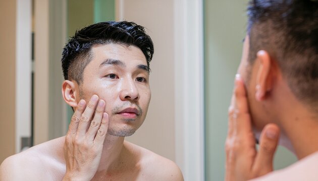 A man looking into mirror touch his skin