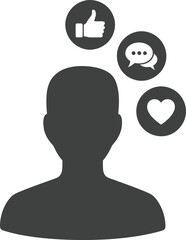 Social media engagement concept person silhouette likes comments hearts icons vector