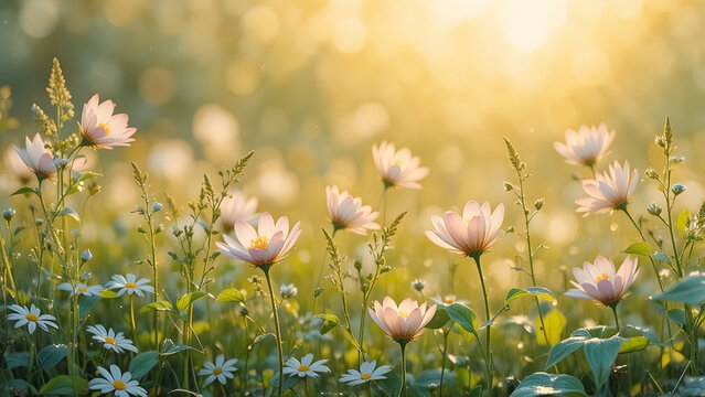 Wild daisies in summer meadow at sunset, flower field, nature, soft light, peaceful, spring, beautiful