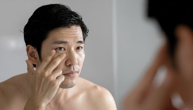 A man staring at the mirror while touching his face