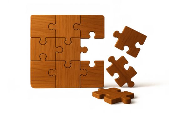 Wooden jigsaw puzzle with parts missing, showing concepts of completion, solution, challenge, and opportunity. Transparent background
