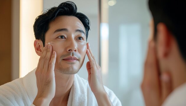 A man applying skincare cream in the mirror, highlighting skincare routine