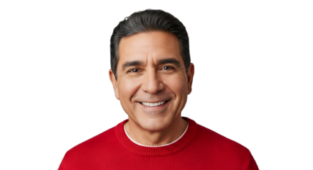 Smiling 55-60-year-old Hispanic man, a town's Santa actor, wearing a jolly red sweater, perfect for holiday promotions, Christmas marketing, or seasonal greetings.
