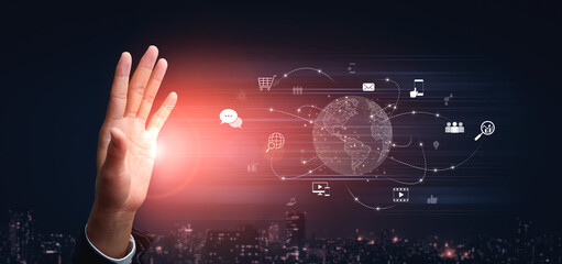 Visualization of global digital communication and online across multiple platforms, including global network, digital network, communication network, and online network. Vouch