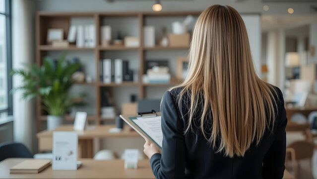 Businesswoman back view holding clipboard, corporate, professional, office setting, management, work