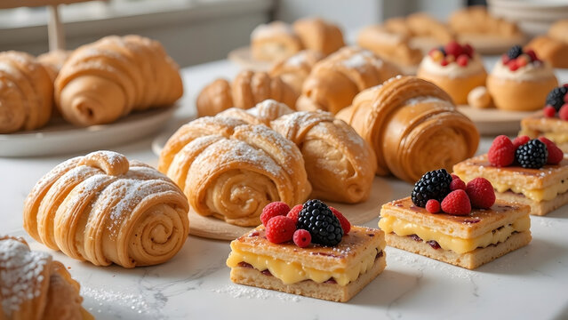 Breakfast pastries with croissants and tarts, fresh berries, bakery, sweet food, dessert, gourmet
