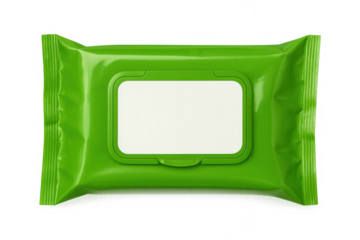 Green wet wipes pack with blank label, product packaging mockup, hygiene and cleaning concept, transparent background