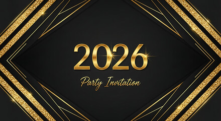 Elegant black and gold 2026 party invitation with art deco style patterns and festive typography for a New Year's celebration.
