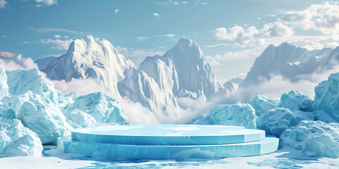 Serene icy platform surrounded by majestic snow-capped mountains under a clear sky