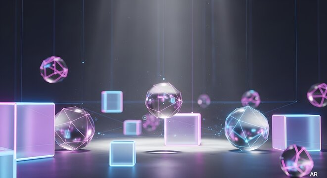 Soft glowing geometric forms arranged on a glossy plane under diffused lighting