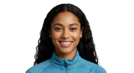 Smiling 24-28 Mixed Race woman, outdoor gear tester in merino base layer, isolated on transparent background. Perfect for active lifestyle, diversity marketing, health, wellness,