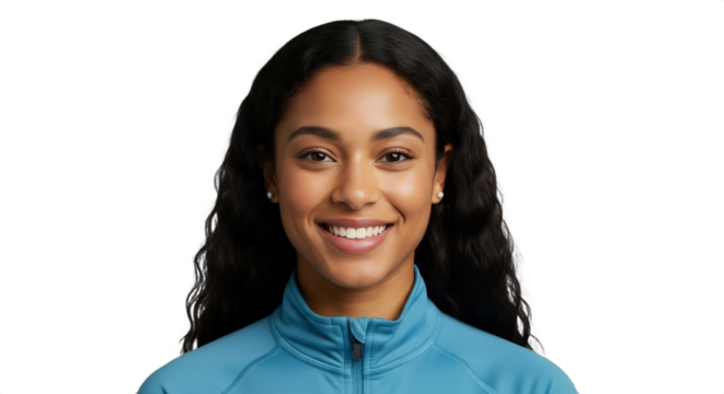 Smiling 24-28 Mixed Race woman, outdoor gear tester in merino base layer, isolated on transparent background. Perfect for active lifestyle, diversity marketing, health, wellness,