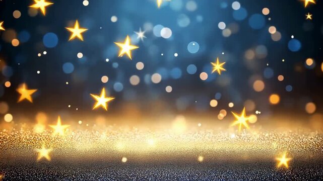 A winter festive background with shimmering stars and bokeh lights. The scene features a gradient of blue and gold colors, creating a magical atmosphere with ample copy space