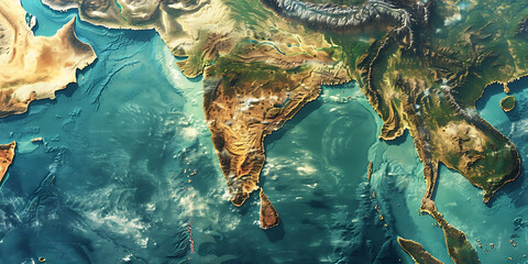 Aerial view of the Indian subcontinent and surrounding oceans, showcasing diverse terrain and vibrant blue waters.