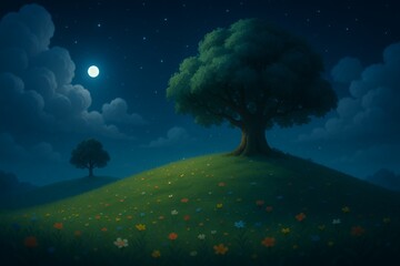 Dreamy night landscape with blooming wildflowers and a glowing moon, perfect for children's books or calming nature scenes under a starry sky