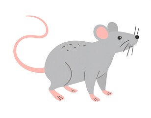 Cartoon grey mouse with a pink tail stands facing right on a white background