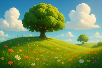 Enchanting spring meadow with wildflowers and majestic trees under a serene blue sky, creating a peaceful and idyllic nature scene for relaxation and escape