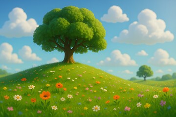 Discover serene beauty with a lush green tree on a flower-filled hill under a bright blue sky, perfect for inspiring peace and tranquility in your next project