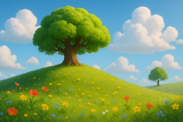 Vibrant meadow with wildflowers under a sunny sky, perfect for spring promotions and children's books, evoking feelings of joy and tranquility