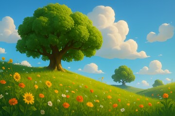 Vibrant flower meadow under a bright blue sky with fluffy clouds, perfect for springtime designs and cheerful backgrounds with whimsical, nature-inspired charm