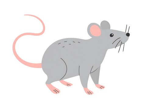 Cartoon grey mouse with a pink tail stands facing right on a white background - Powered by Adobe