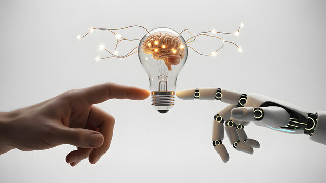A human finger and robot finger touching a lightbulb containing a brain, surrounded by glowing lights and branches, representing ai and new ideas