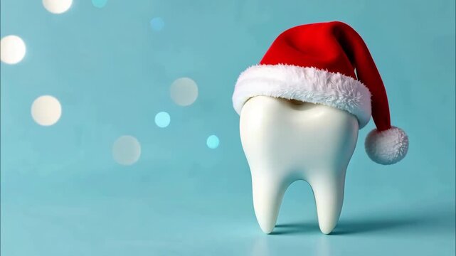 A white tooth wearing a red Santa hat on a blue background. The scene includes soft bokeh lights, creating a festive atmosphere with ample copy space