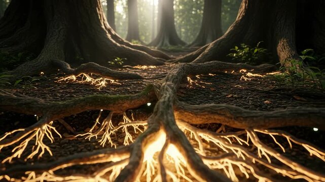 Tree roots illuminated by sunlight in a forest