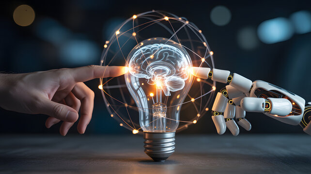 Human and robot hands reaching towards a glowing lightbulb containing a brain, symbolizing artificial intelligence and innovation, with a network overlay