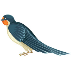Detailed Pixel Art Illustration of a Swallow Bird Standing on a White Background with Dark Blue Wings and Orange Chest