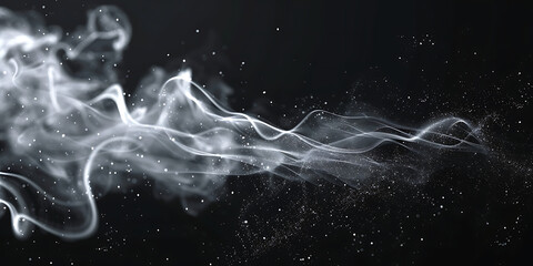Ethereal white smoke swirling with tiny sparkling particles against a dark background