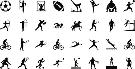 Sports icon set, athlete silhouettes playing soccer tennis cycling swimming gymnastics archery wrestling diving running rugby equestrian, black vector collection.