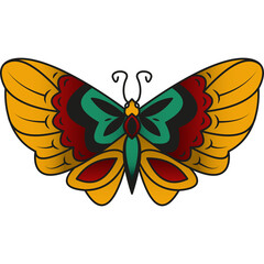 Detailed Stylized Butterfly Illustration With Yellow Orange Wings And Green Red Blue Center Detailed Vector Art