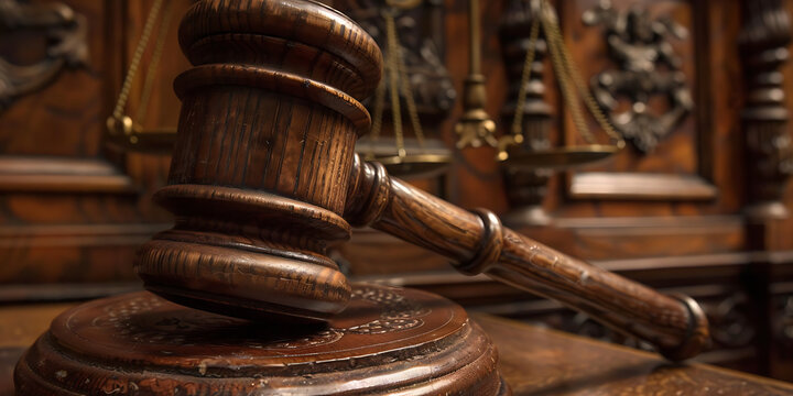 Symbol of justice and law, a wooden gavel rests on a sounding block next to scales.