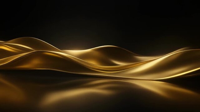 Abstract golden wave pattern with reflective surface against a dark background, captured in a close-up view with cinematic lighting.
